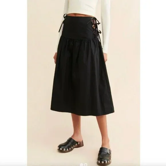 Allina Liu Break Skirt S Onyx Black Midi Tie Sides Lining Cotton Boho - Picture 1 of 7